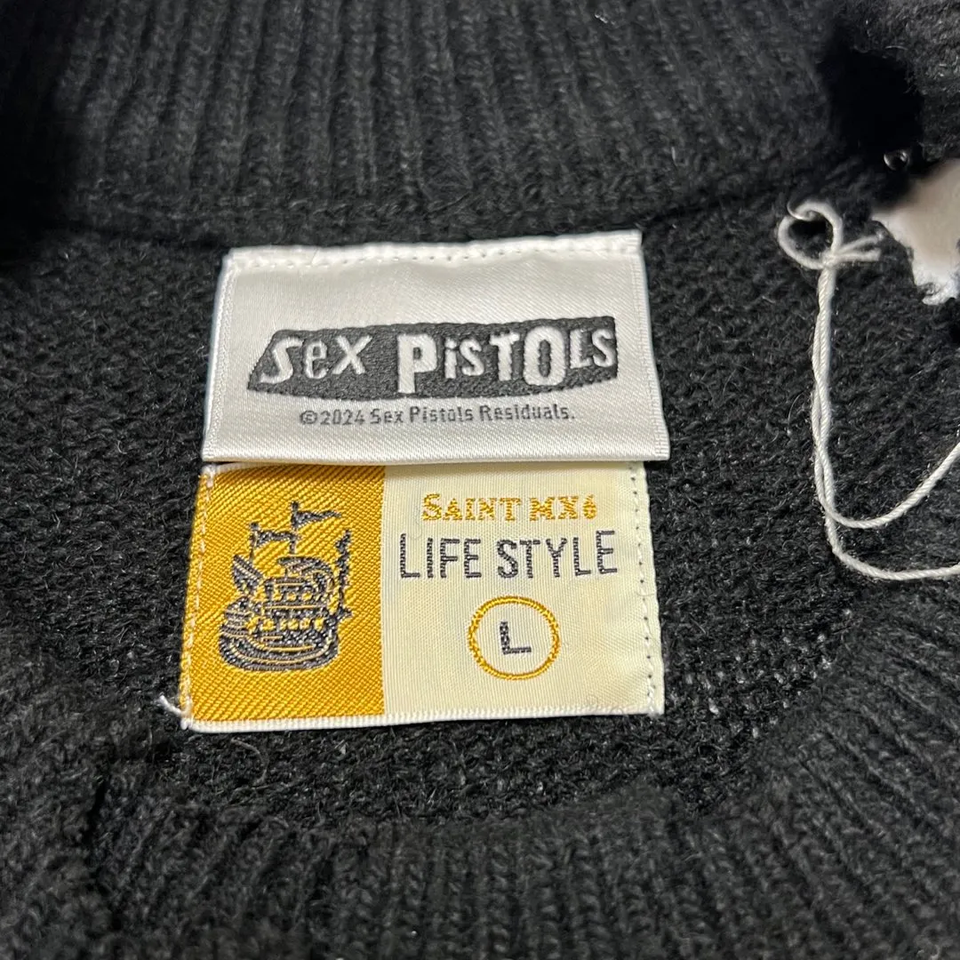 SAINT Mxxxxxx × Sex Pistols SP_CREW KNT/IAMA/BLK SEX PISTOLS band joint model destroyed hand-embroidered sweater, black S-XL, original 85% wool/15% polyester fiber blend, super complex front and rear panels, large-area hand-embroidery, hand-cut destruction treatment, custom-made correct joint main mark/wash mark